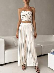 SHEIN Privé Striped Print Tube Top & Wide Leg Pants