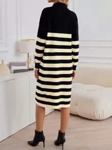 GENKIRA Vestido de punto con patrón de rayas de hombros caídos sin cinturón - Blanco y Negro - Ver 2