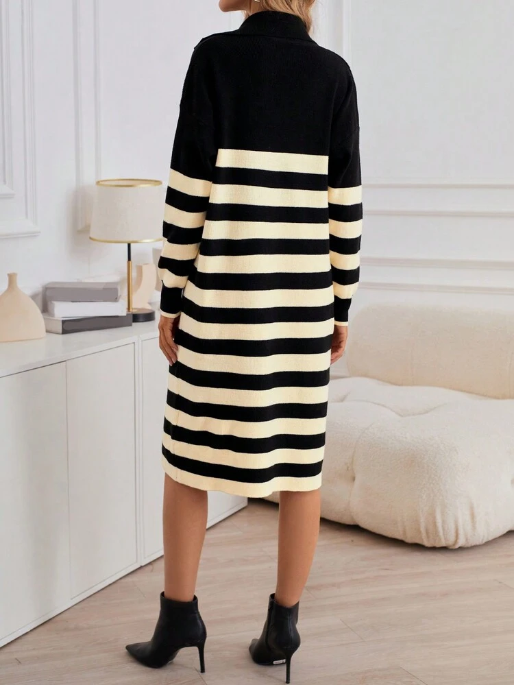 Striped Pattern Drop Shoulder Sweater Dress Without Belt