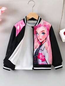 SHEIN 女小童人像圖案條紋飾邊飛行員夾克不帶T恤 - 黑色 - 查看 6