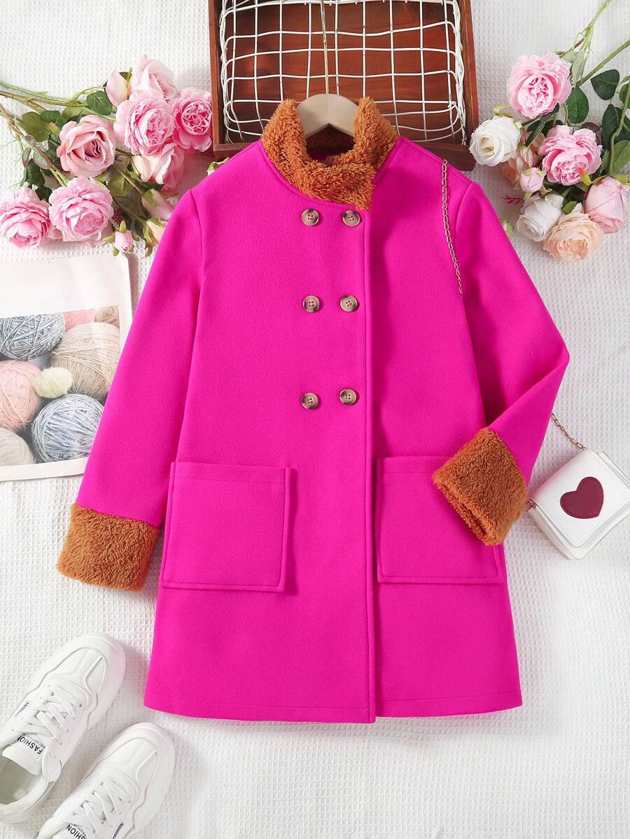 SHEIN Tween Girl Double Breasted Dual Pocket Contrast Fuzzy Overcoat