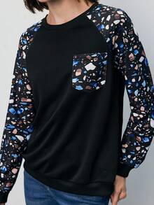 SHEIN Frenchy Graphic Print Raglan Sleeve Pocket Patched Sweatshirt - Black - View 7