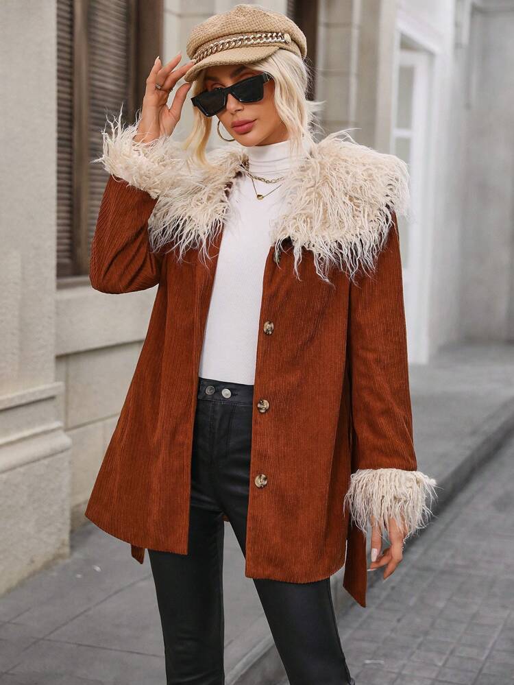 Fuzzy Trim Belted Corduroy Coat