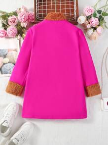 SHEIN Tween Girl Double Breasted Dual Pocket Contrast Fuzzy Overcoat