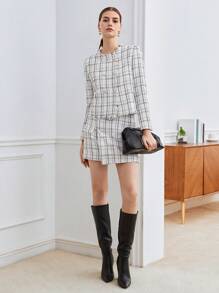 BizChic 格紋圖案前紐扣粗花呢半身裙 - 彩色 - 查看 5
