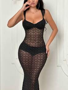 Allurite 幾何印花網紗吊帶緊身洋裝不附帶內衣褲套裝 - 黑色 - 查看 3
