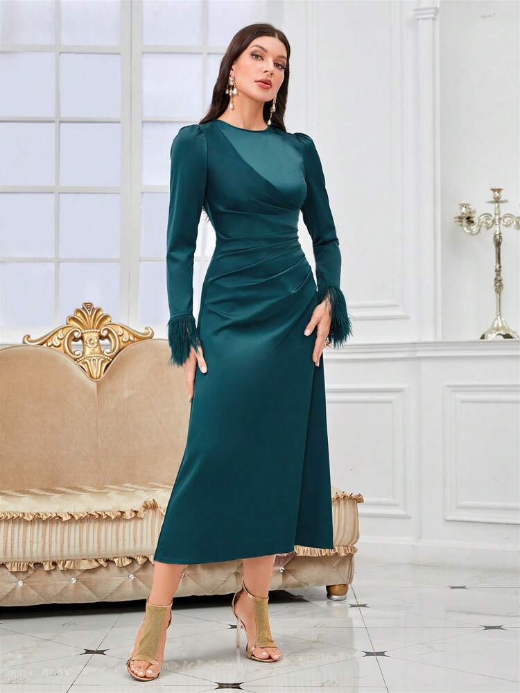 Fuzzy Cuff Ruched Detail Dress