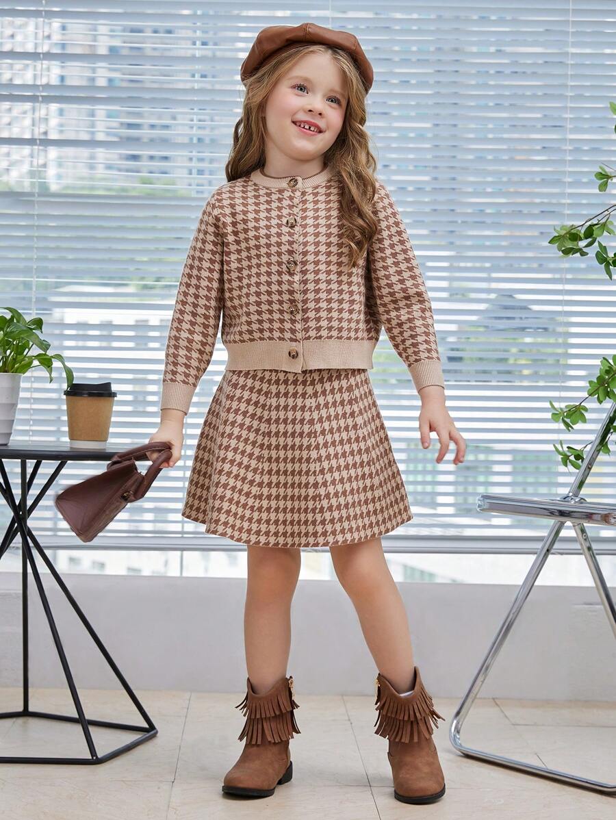 SHEIN Young Girl Houndstooth Pattern Cardigan & Knit Skirt - Multicolor - View 1