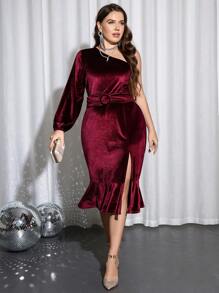 SHEIN Clasi Hơn Tay áo lồng đèn một vai Xù Hoa Sen Thắt lưng Nhung Đầm - Màu Đỏ Sâu - Xem 3