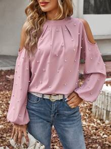 SHEIN Essnce 挖肩珍珠串珠燈籠袖襯衫 - 粉色 - 查看 1
