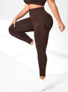 EMERY ROSE CURVE Plus Solid Wideband Waist Sports Leggings Yoga Women Pants - Brown - View 3