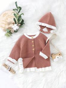 Bebé niña Cárdigan bajo con fruncido & Sombrero - Rosa - Ver 4