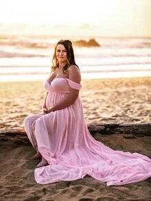 孕妇露肩裹身下摆连衣裙，适合孕妇拍摄 - 粉色 - 查看 5