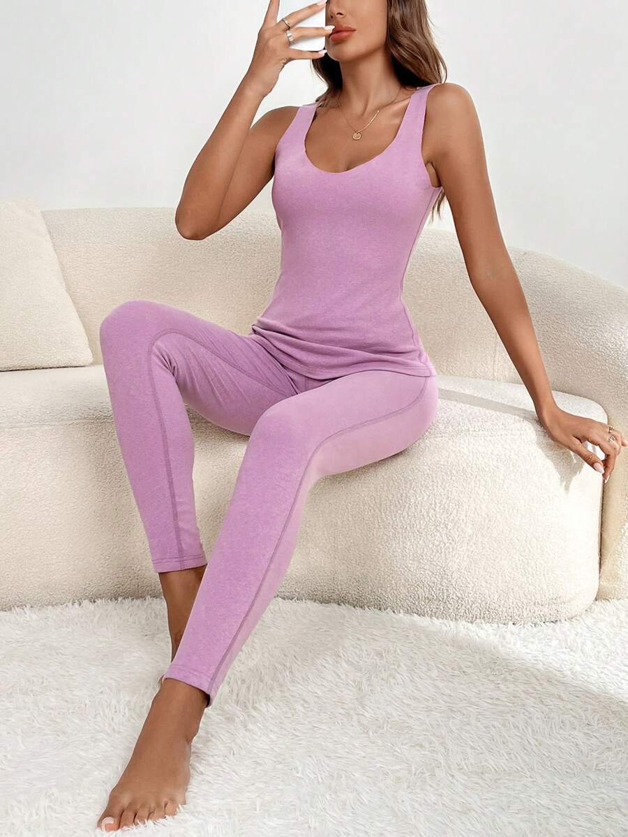 Solid Scoop Neck Thermal Underwear Set - Purple - View 1
