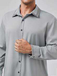 Manfinity Homme Hombres talla grande Camisa ribete de rayas con botón - Gris Oscuro - Ver 4