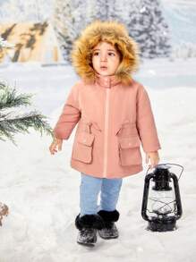 SHEIN Đứa bé gái Túi có nắp Trang trí Fuzzy Áo trùm đầu - Hồng - Xem 5