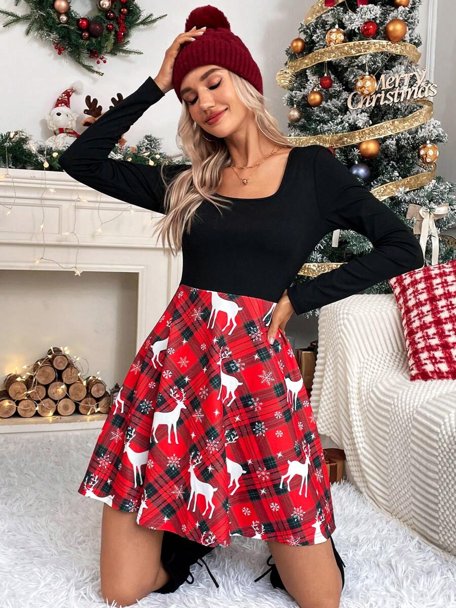 SHEIN LUNE Christmas Print Scoop Neck Dress - Black - View 1