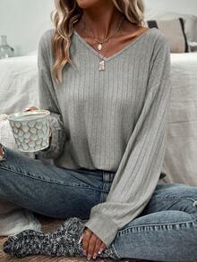 SHEIN Frenchy Contrast Lace Tie Back Drop Shoulder Sweatshirt - Grey - View 4