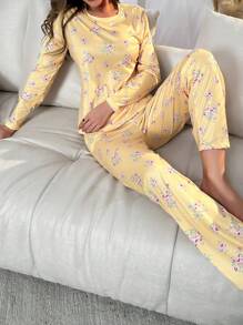 印花T恤和褲子睡衣套裝 - 黃色 - 查看 6