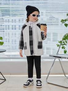 SHEIN Young Girl Contrast Plaid Dual Pocket Raglan Sleeve Hooded Teddy Coat - Multicolor - View 1