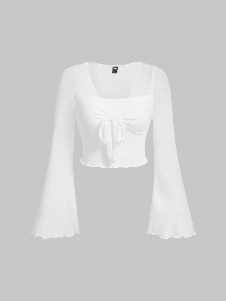 SHEIN MOD Camiseta con cordón delantero ribete en forma de lechuga - Blanco - Ver 1