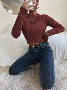 SHEIN Essnce Cable Knit Crop Sweater - Burgundy - View 7