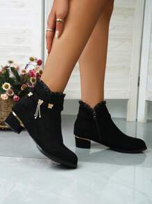 Botines y botitas de mujer con tacón de bloque a la moda que combinan con ropa de otoño, combinan con sudaderas con capucha a la moda, botas para mujer - Negro - Ver 6