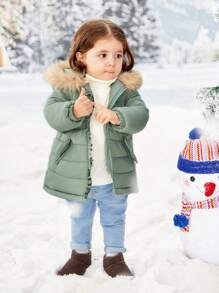 SHEIN Baby Girl Flap Detail Fuzzy Trim Hooded Padded Coat - Mint Green - View 5