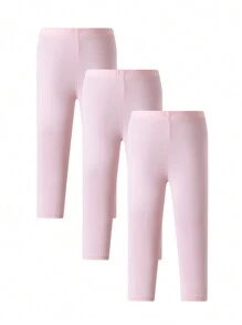 SHEIN 女小童3入組素色彈性腰帶緊身打底褲 - 粉色 - 查看 1