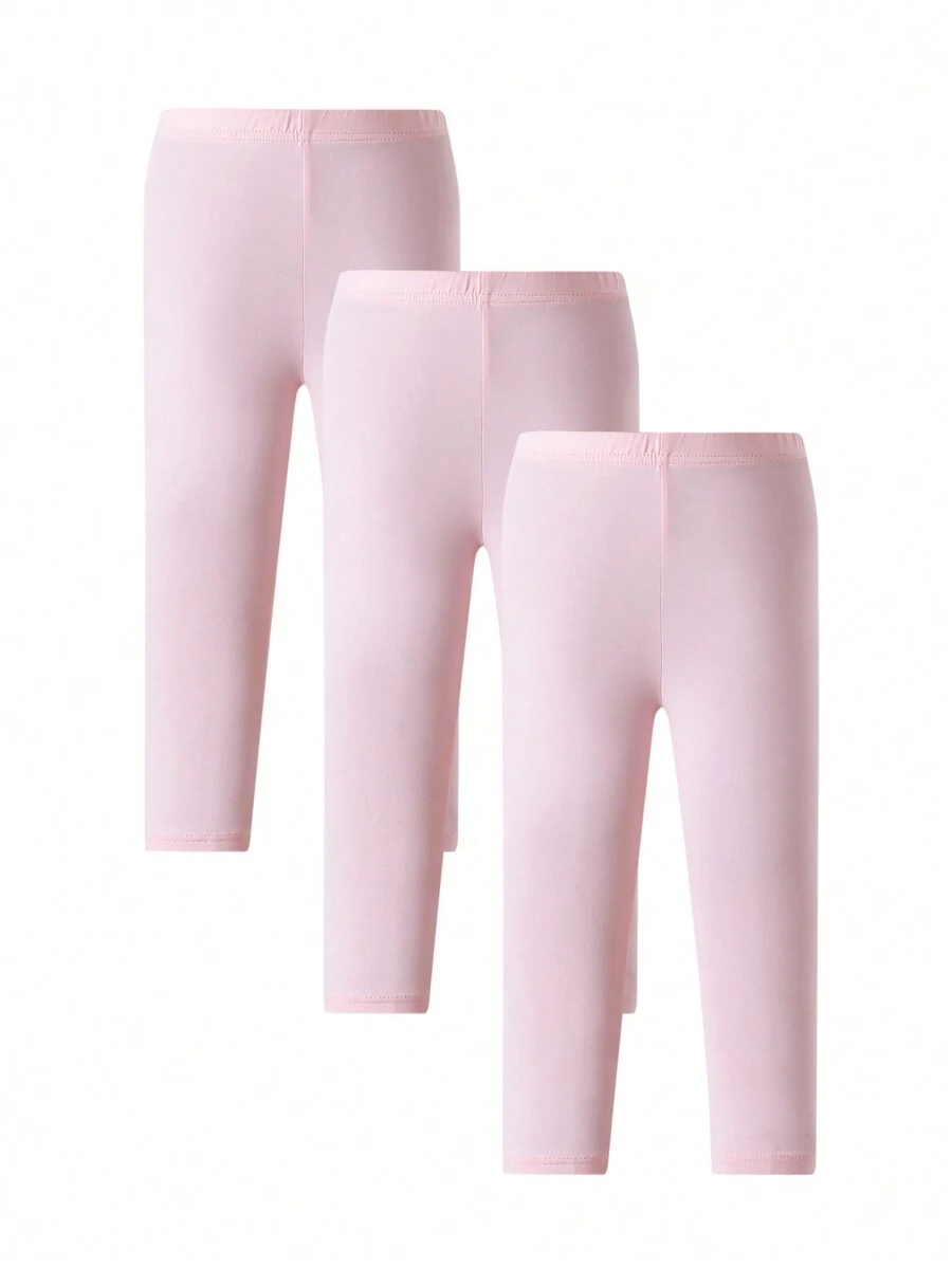 SHEIN 女小童3入組素色彈性腰帶緊身打底褲 - 粉色 - 查看 1