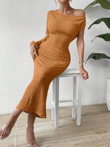 Allurite 素色不對稱領緊身洋裝 - 棕色 - 查看 5