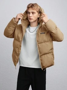 Manfinity VCAY 1pc Men's Loose Fit Letter Patched Drawstring Hooded Padded Coat, For Fall Winter - Camel - View 5