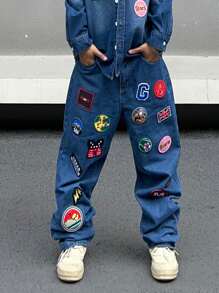 Manfinity Roghcode Loose Fit Men's Wide Leg Jeans Without Belt With Patched Details Baggy Long Washed Dark Wash Jean Cargo Graphic Plain Blue Going Out Street Wear Friends