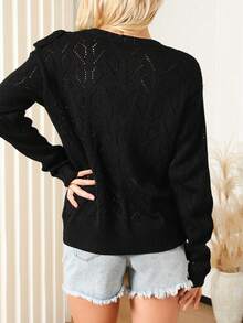 Solid Ruffle Trim Drop Shoulder Pointelle Knit Sweater - Black - View 2