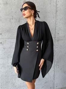 SHEIN Privé Plunging Neck Button Detail Flounce Sleeve Dress - Black - View 6