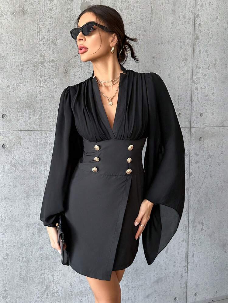 Plunging Neck Button Detail Flounce Sleeve Dress