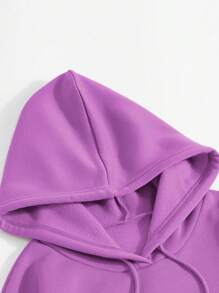SHEIN EZwear 字母圖案袋鼠口袋抽繩加絨內裏連帽衫 - 紫色 - 查看 3