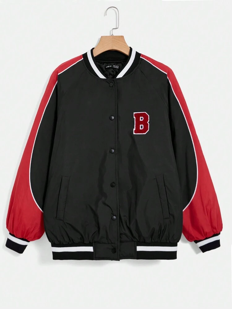 Letter Patched Striped Trim Raglan Sleeve Baseball Collar Padded Coat