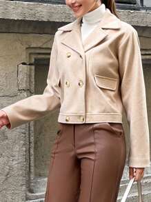 RueChic Lapel Neck Double Breasted Overcoat - Apricot - View 2