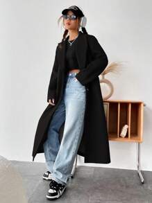 SHEIN Unity 西裝領雙排釦腰帶長款花呢外套 - 黑色 - 查看 1