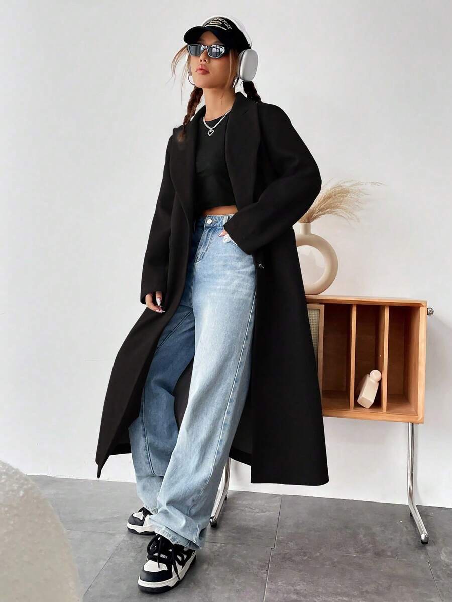 SHEIN Unity 西裝領雙排釦腰帶長款花呢外套 - 黑色 - 查看 1