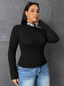 SHEIN EZwear 大碼字母圖案小高領T恤 - 黑色 - 查看 3