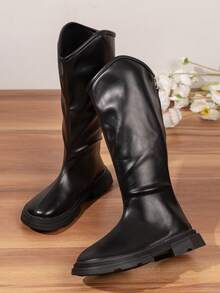 女孩素色柔軟的PU皮革百褶及膝靴帶拉鍊後 - 黑色 - 查看 3