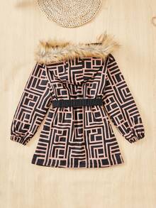 SHEIN 女大童滿版印花毛茸邊連帽加絨內裏腰帶外套 - 黑色 - 查看 2