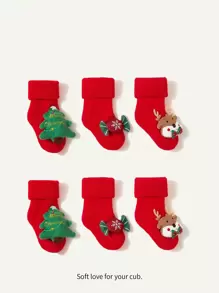 SHEIN 聖誕節毛絨飾品大紅色3對襪子套裝 - 紅色 - 查看 1