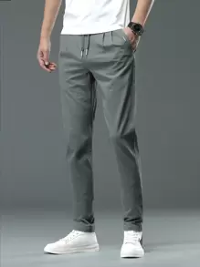 Men Solid Drawstring Waist Trousers - Grey - View 1