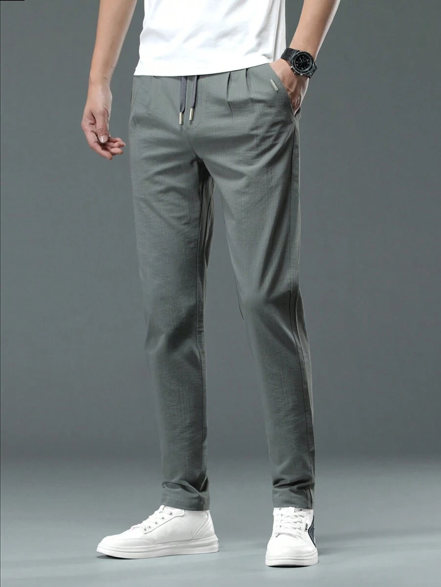 Men Solid Drawstring Waist Trousers - Grey - View 1