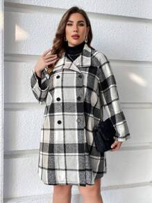 SHEIN LUNE Plus Plaid Double Breasted Raglan Sleeve Overcoat - Black and White - View 6