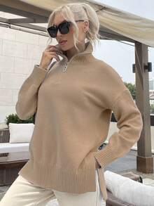 前拉鍊落肩袖下擺開叉套頭毛衣 - 卡其色 - 查看 3