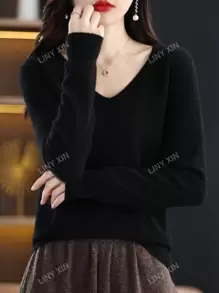 Pull col en V 100% laine mérinos pour femme, pull tricoté sans couture prêt à porter de première ligne pour un usage quotidien décontracté à manches longues